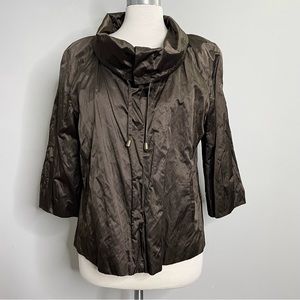 Chico’s Metallic Satin Cowl Neck 3/4 Sleeve Evening Jacket Chocolate Brown Sz L